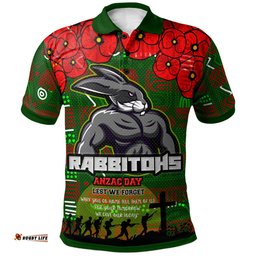 Rabbitohs Rugby Polo Shirt - Aboriginal Rabbitohs Anzac '' Lest We Forget '' With Poppy Flower Polo Shirt