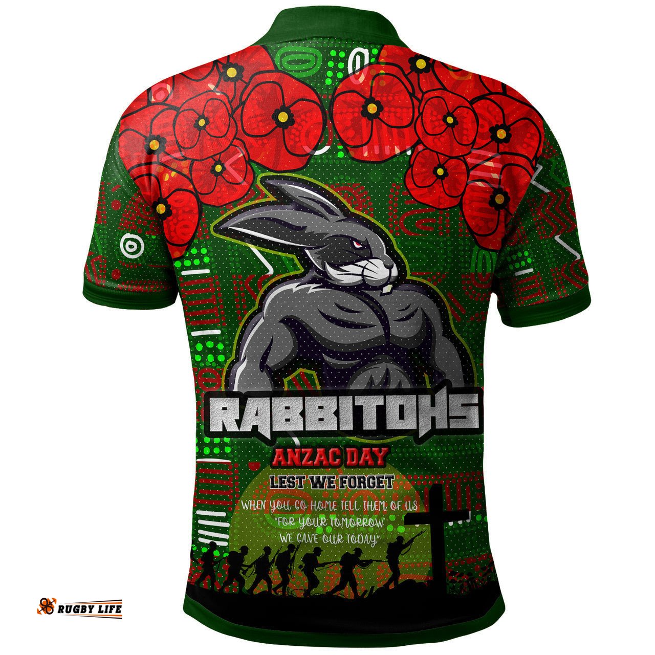Rabbitohs Rugby Polo Shirt - Aboriginal Rabbitohs Anzac '' Lest We Forget '' With Poppy Flower Polo Shirt