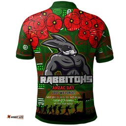 Rabbitohs Rugby Polo Shirt - Aboriginal Rabbitohs Anzac '' Lest We Forget '' With Poppy Flower Polo Shirt