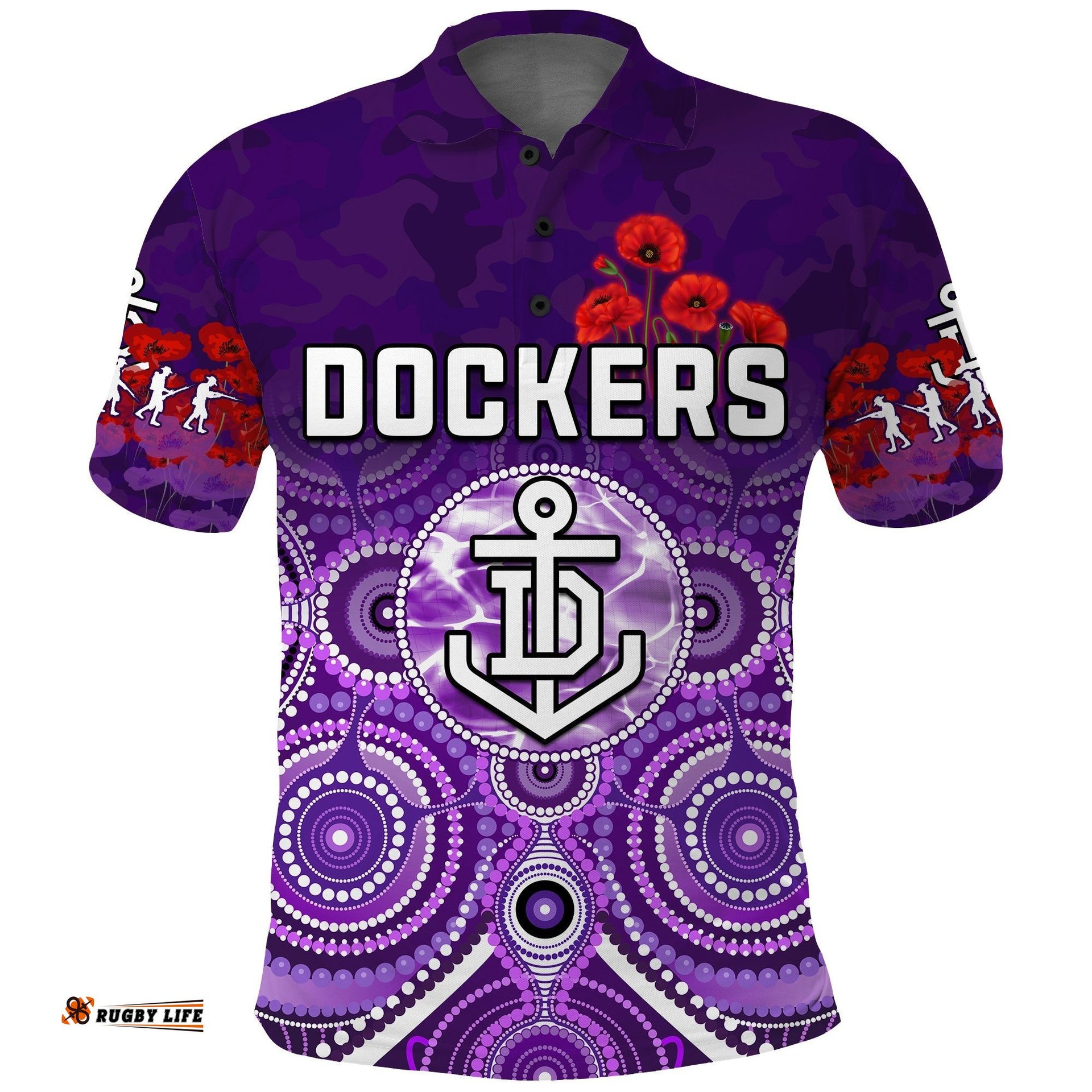 Dockers Anzac 2022 Polo Shirt Fremantle Football Aboriginal Poppy Flowers