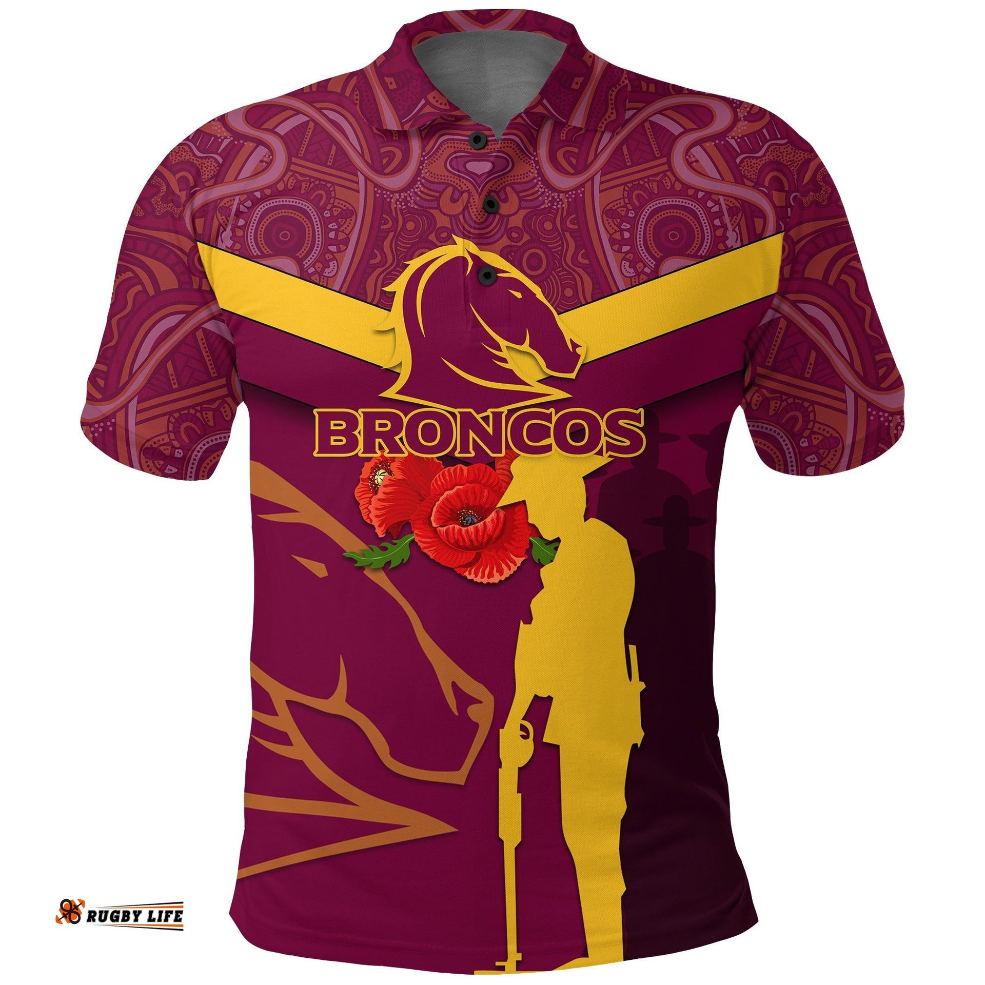 Brisbane Broncos Anzac Day Polo Shirt - Indigenous Art -