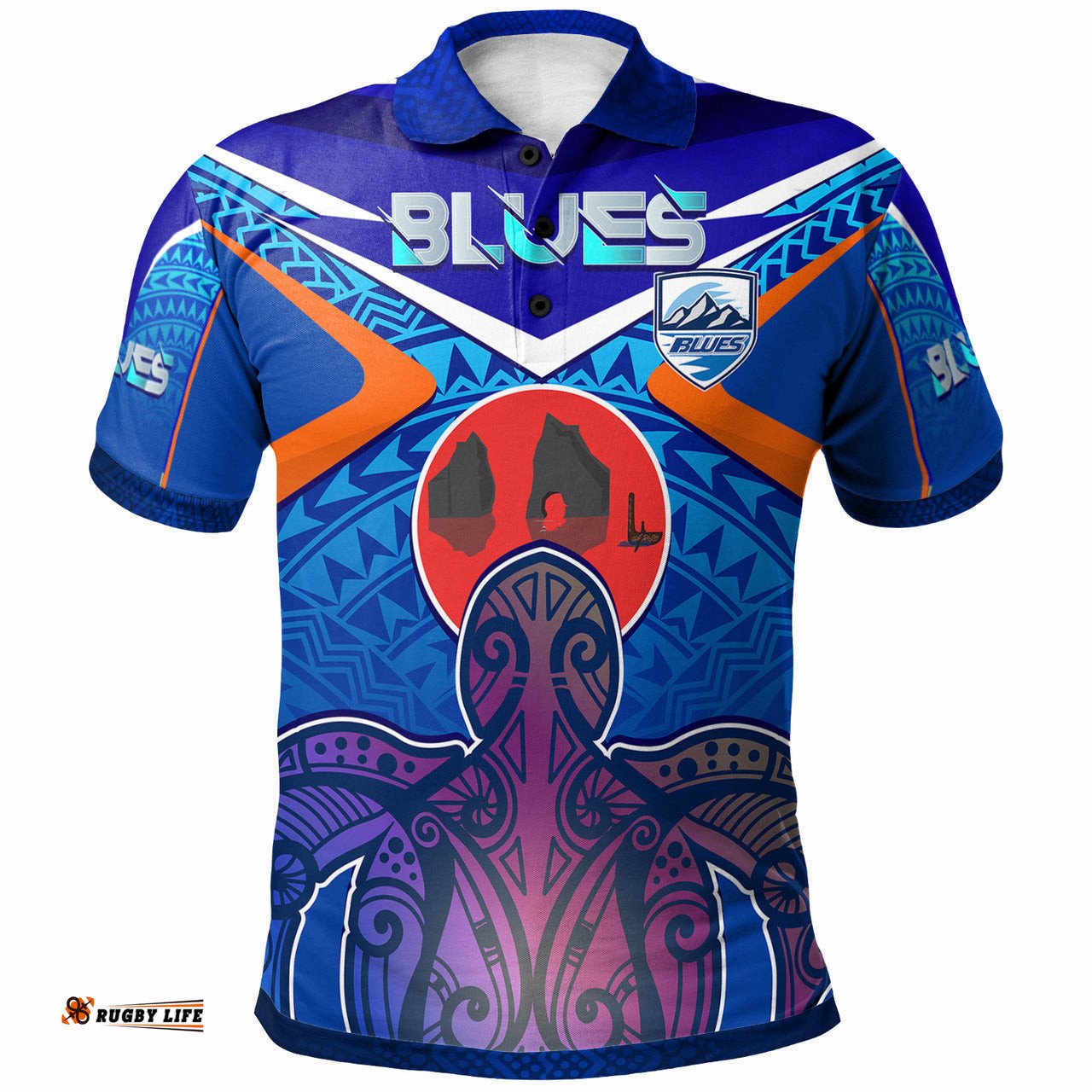 Auckland Blues Rugby Custom Polynesian Polo Shirt - Wharariki Beach With Maori Sea Turtle