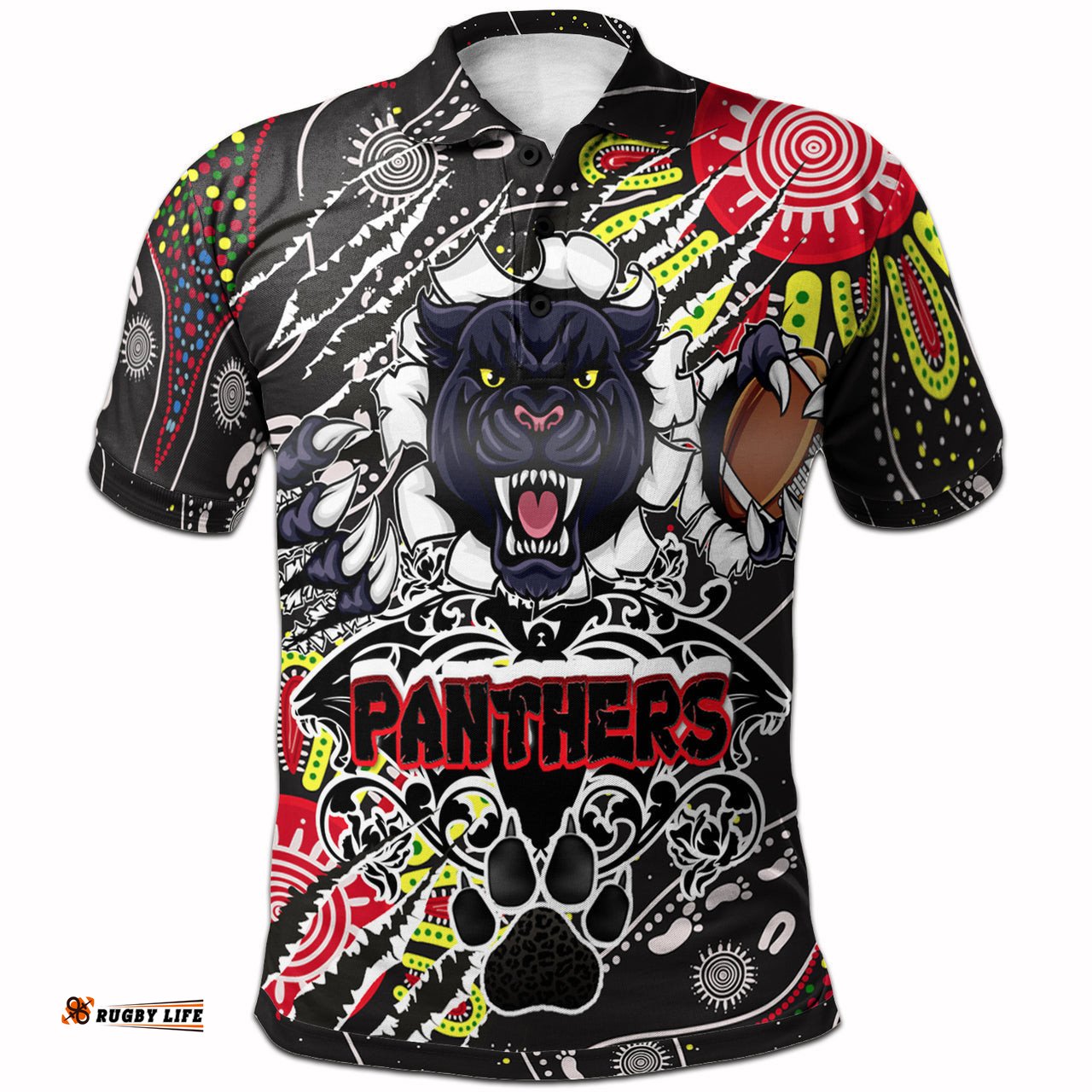 Panthers Rugby Aboriginal Polo Shirt - Indigenous Super Black Panthers Scratch Style RLT13