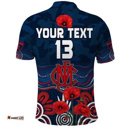 Custom Text and Number Demons Anzac 2022 Polo Shirt Melbourne Football Aboriginal Poppy