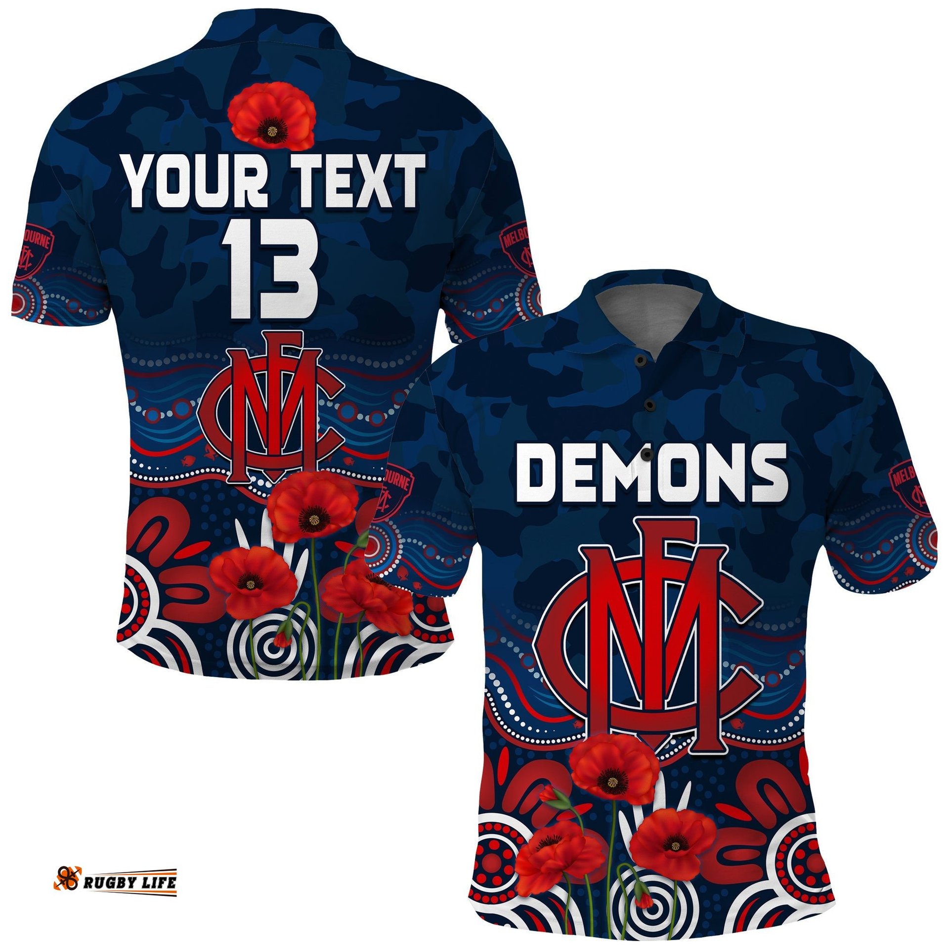 Custom Text and Number Demons Anzac 2022 Polo Shirt Melbourne Football Aboriginal Poppy