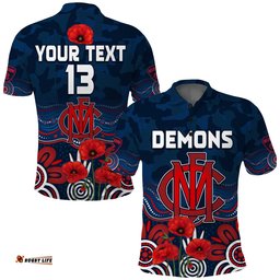 Custom Text and Number Demons Anzac 2022 Polo Shirt Melbourne Football Aboriginal Poppy