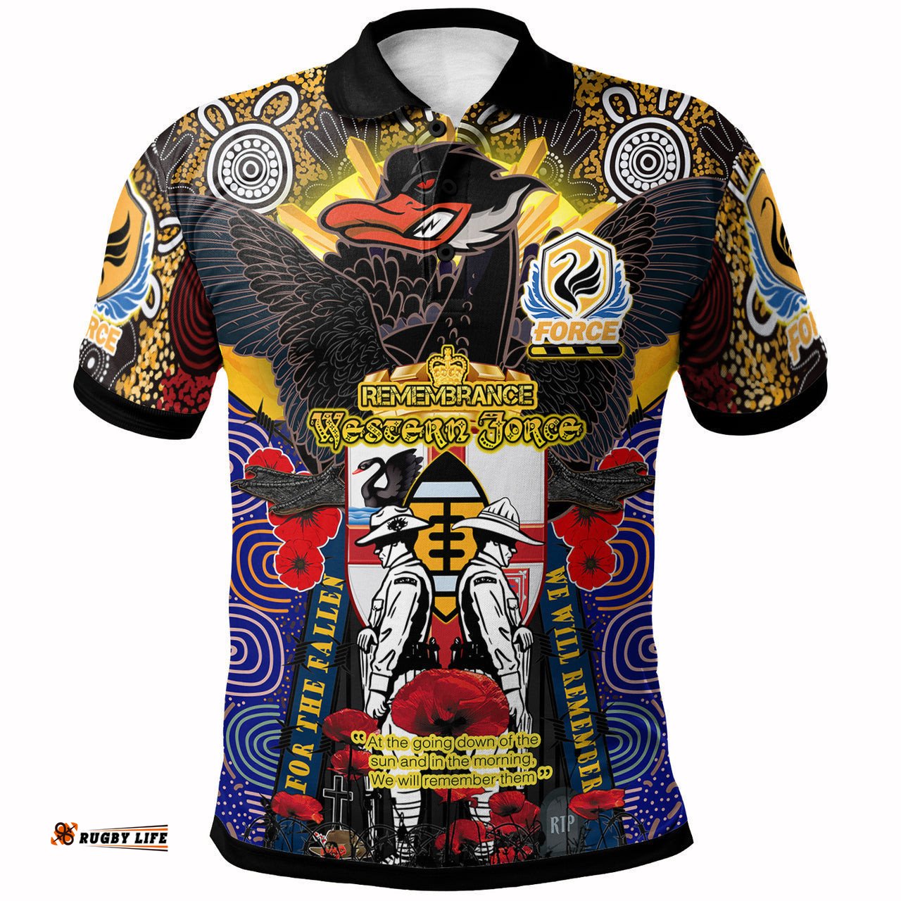 Force Rugby Custom Polo Shirt - Remembrance Western Force With Black Swan Aboriginal Patterns And Poppy Flower