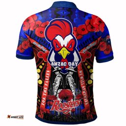 Roosters Rugby Anzac Day Watercolour Polo Shirt - Custom Roosters With Poppy Flower RLT13