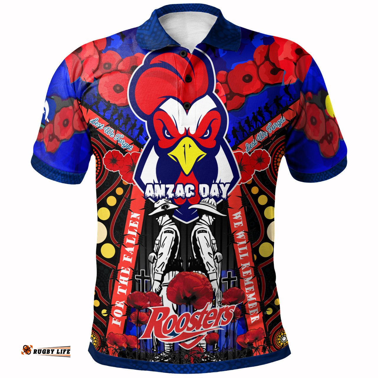 Roosters Rugby Anzac Day Watercolour Polo Shirt - Custom Roosters With Poppy Flower RLT13