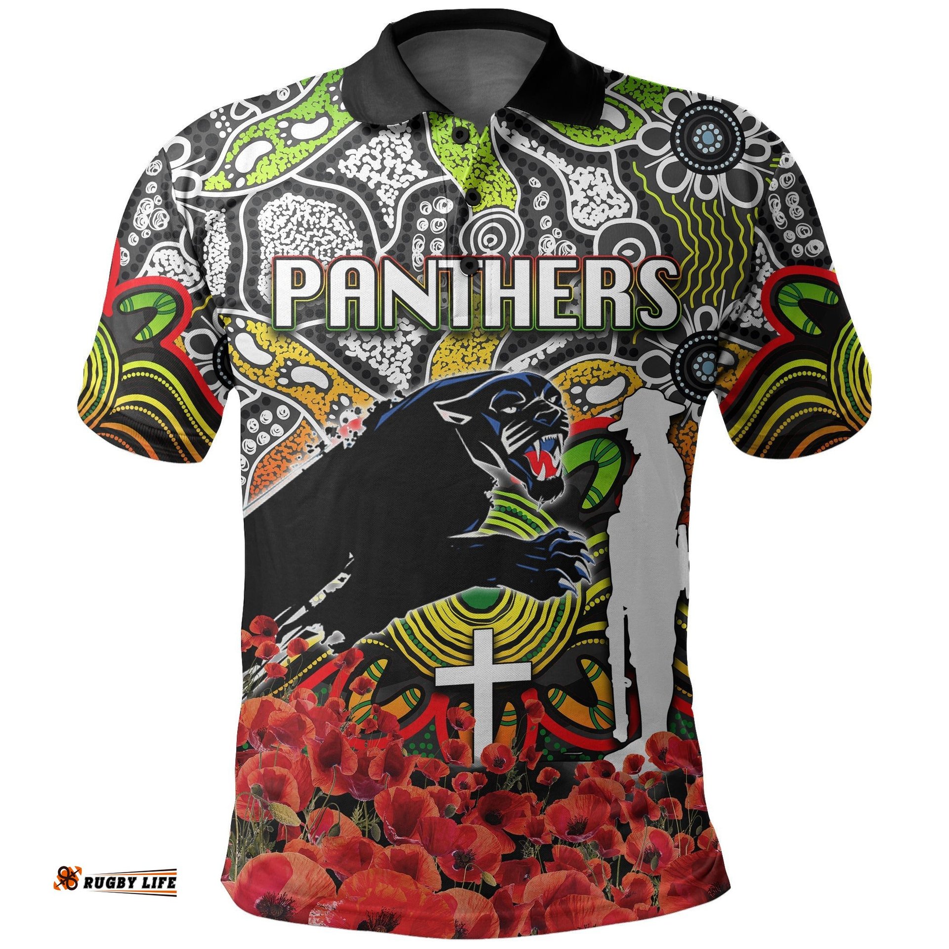 Panthers Polo Shirt Anzac Day Poppy Flowers With Aboriginal