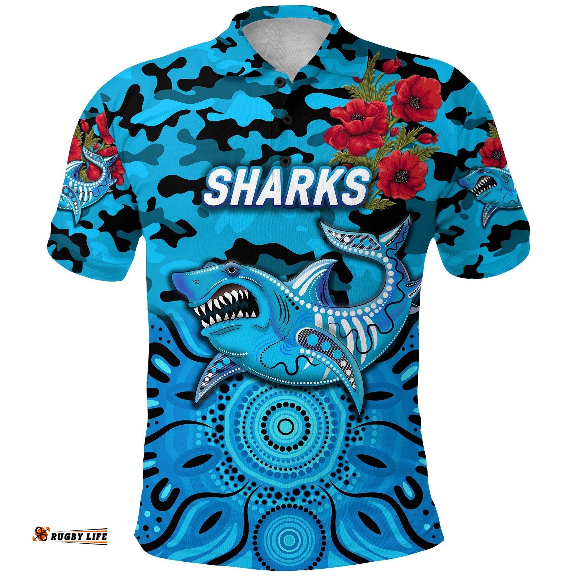 Custom Personalised Sharks ANZAC Polo Shirt Indigenous Vibes