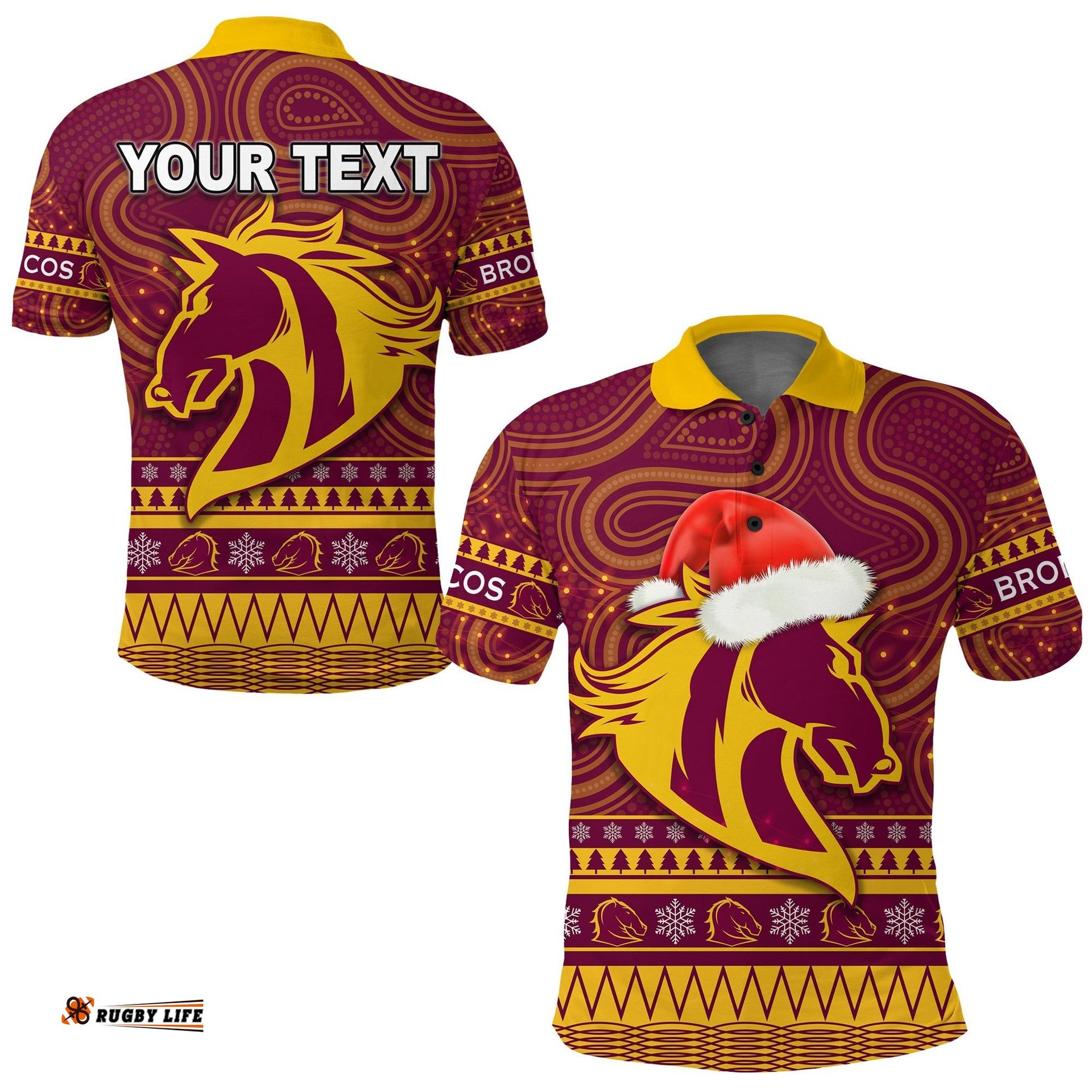 Custom Personalised Broncos Christmas Polo Shirt Brisbane Indigenous