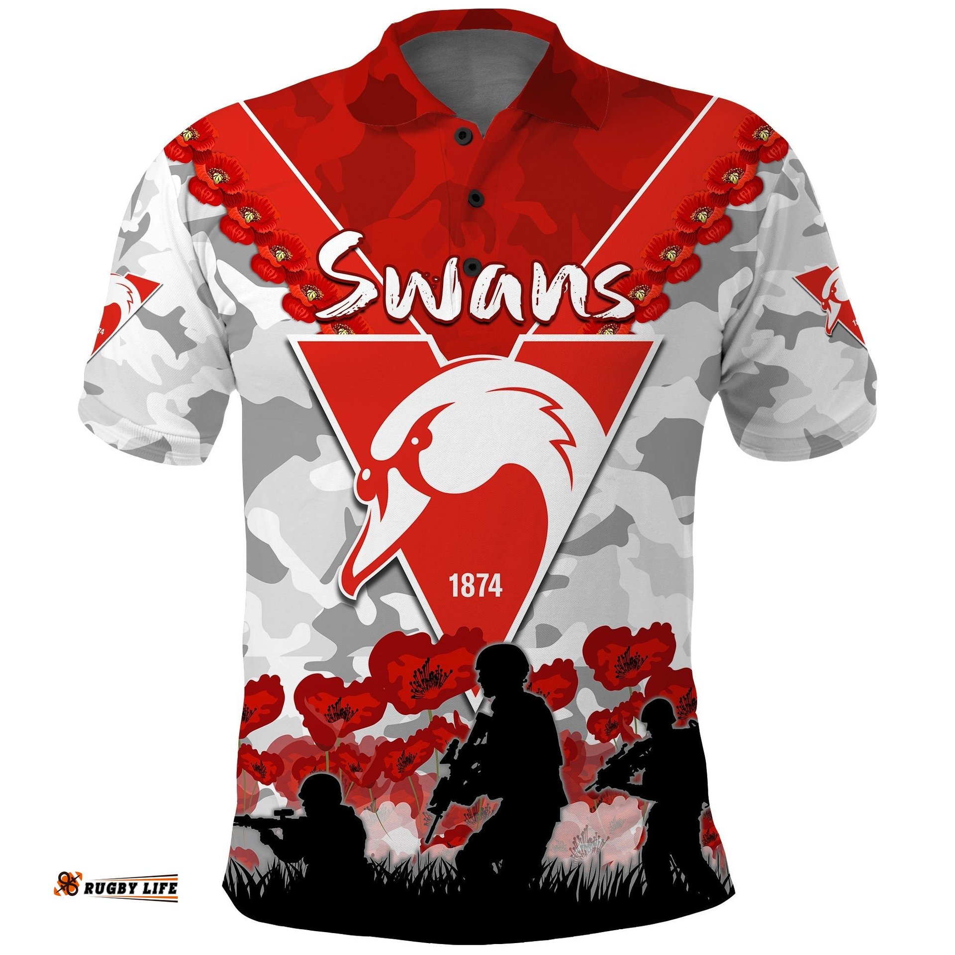 Swans Anzac 2022 Polo Shirt Bloods Sydney Poppy Flowers