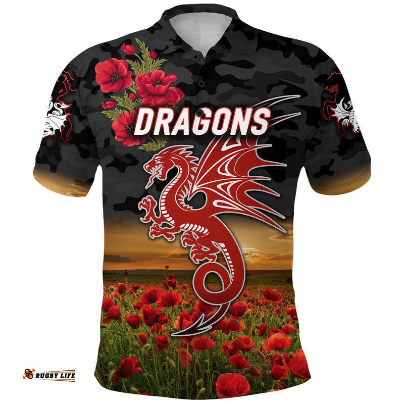 Custom Personalised St. George Illawarra Dragons ANZAC 2022 Polo Shirt Poppy Flowers Vibes - Black