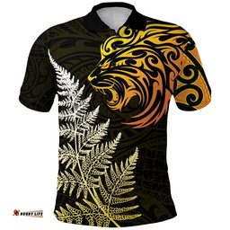 Custom Personalised Lion Maori Polo Shirt Aotearoa mix Silver Fern