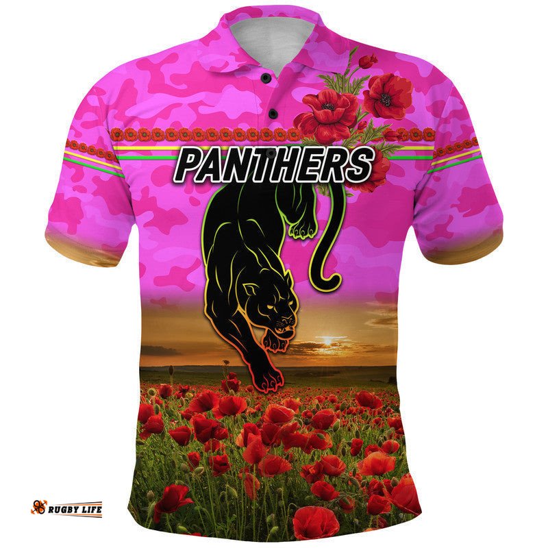 Panthers ANZAC Polo Shirt Poppy Flowers Vibes - Pink