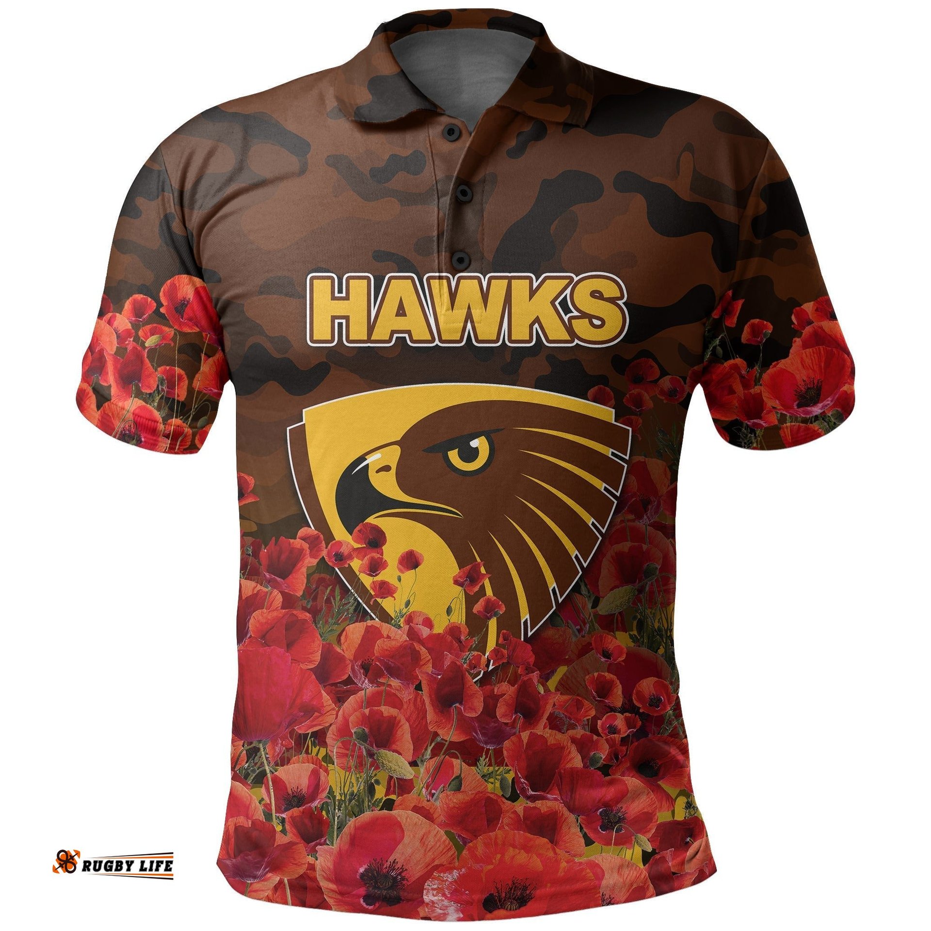 Anzac Day Hawks Polo Shirt Poppy Flowers With Army Patterns