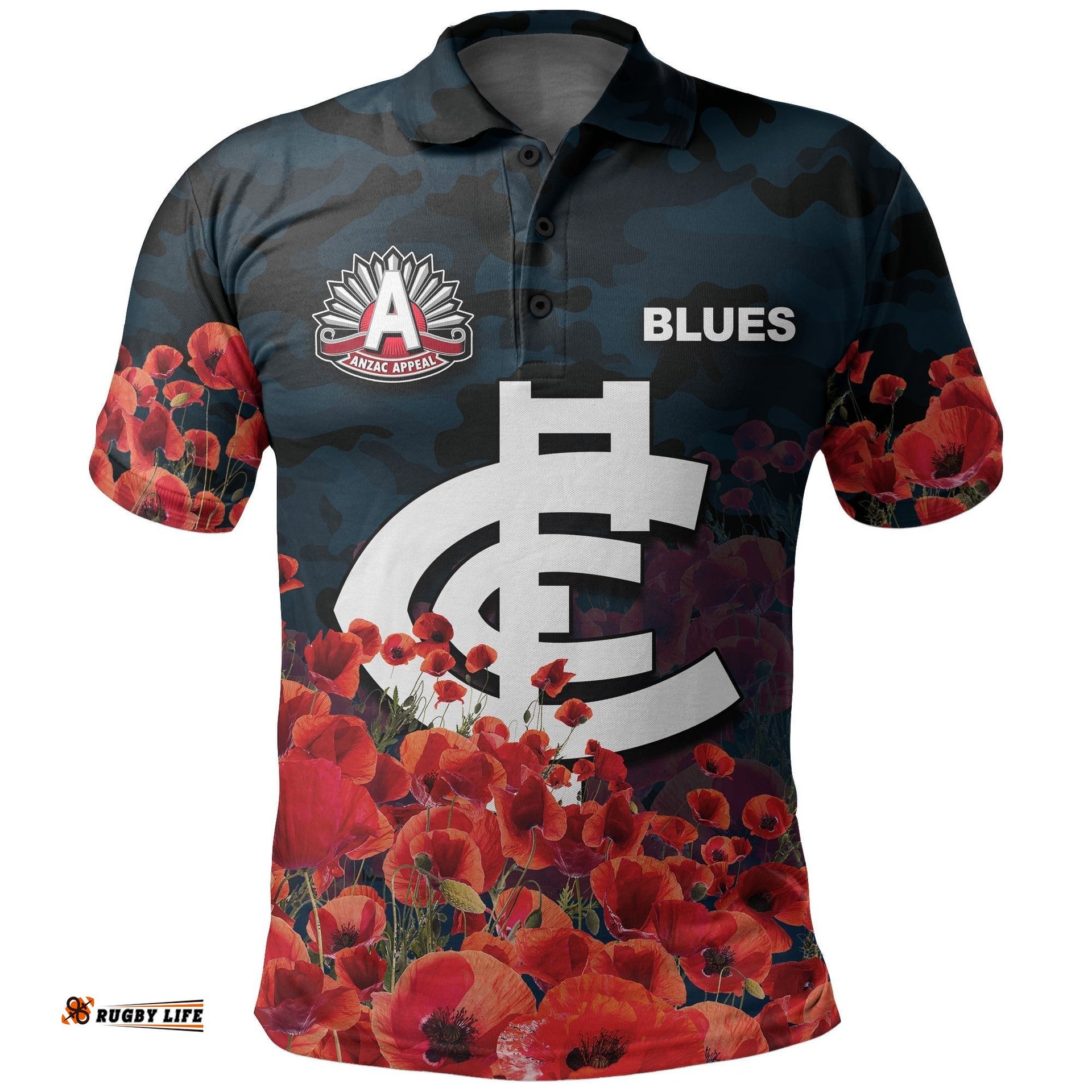 Anzac Day Blues Polo Shirt Poppy Flowers With Army Patterns