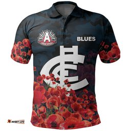 Anzac Day Blues Polo Shirt Poppy Flowers With Army Patterns