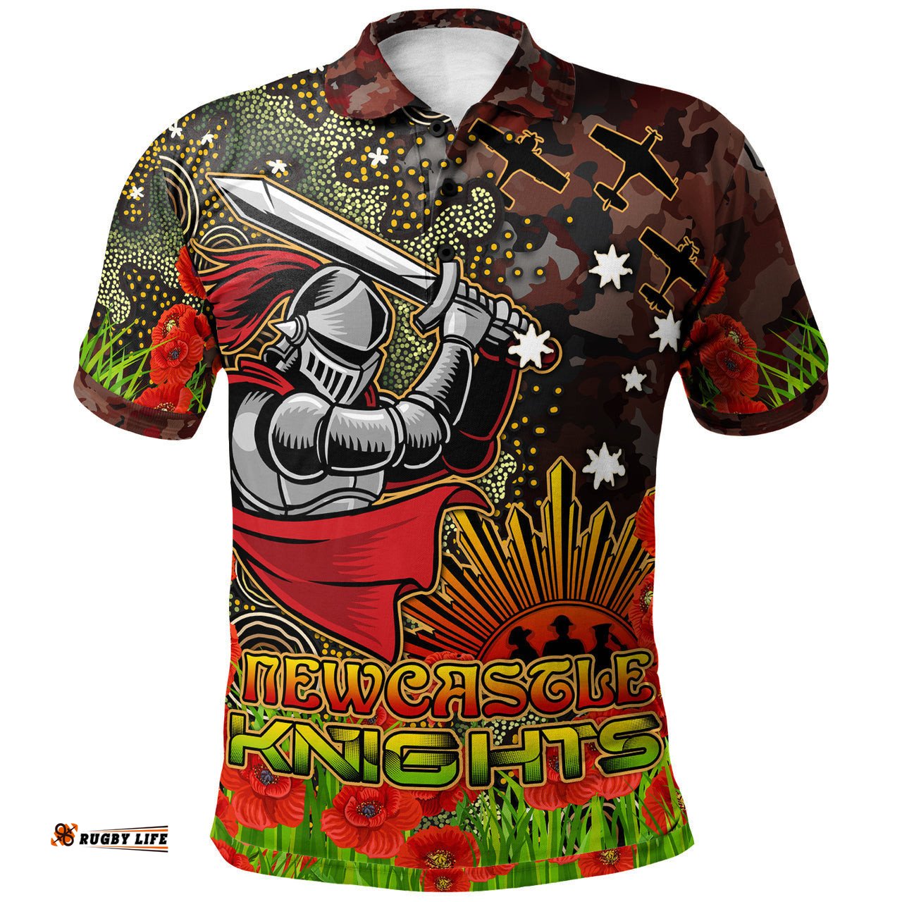 Knights Rugby Polo Shirt - Custom Anzac Kinghts with Remembrance Poppy and Indigenous Patterns Polo Shirt