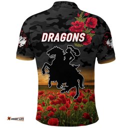St. George Illawarra Dragons ANZAC 2022 Polo Shirt Poppy Flowers Vibes - Black