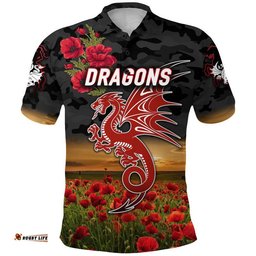 St. George Illawarra Dragons ANZAC 2022 Polo Shirt Poppy Flowers Vibes - Black