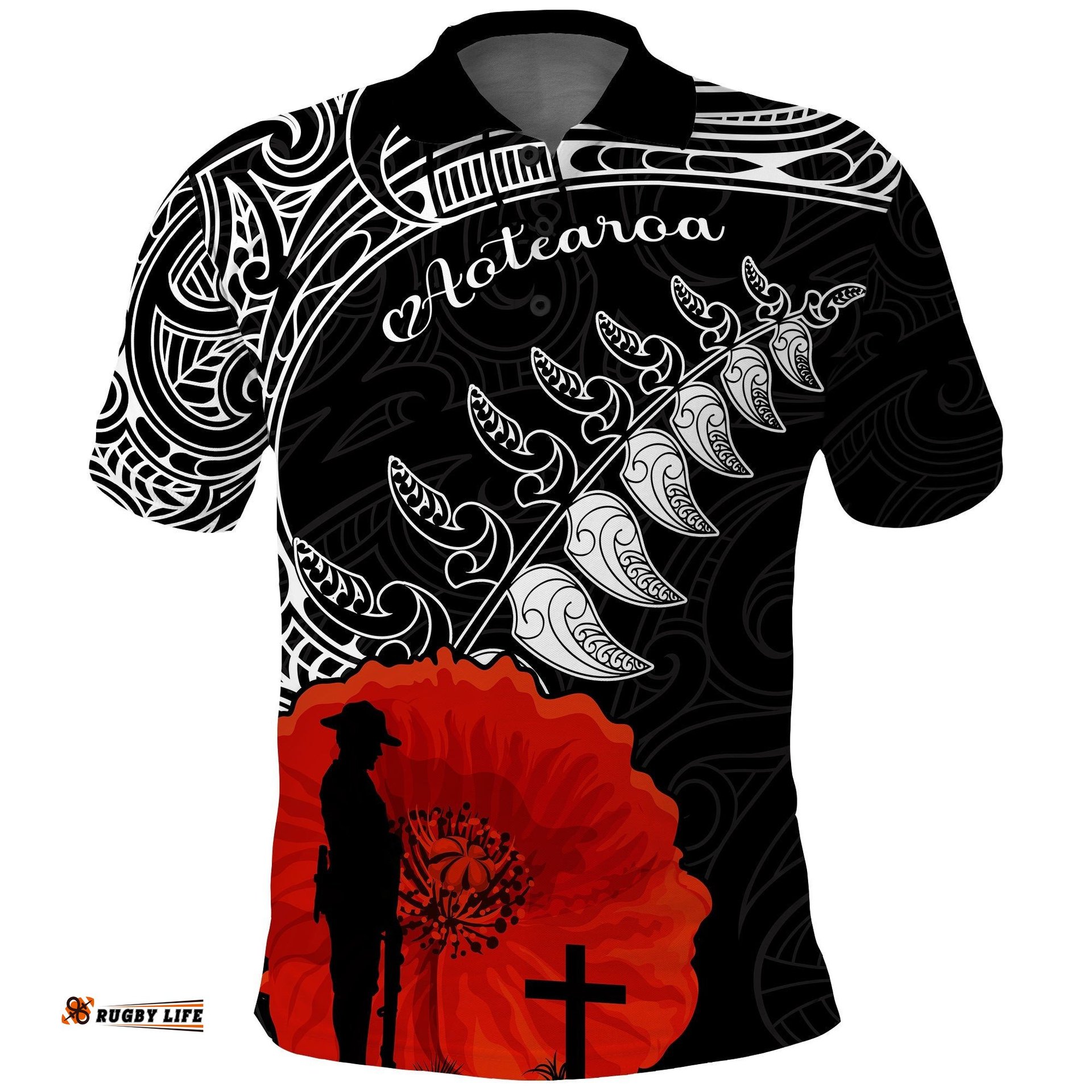 New Zealand Anzac 2022 Polo Shirt Maori Mix Fern Poppy