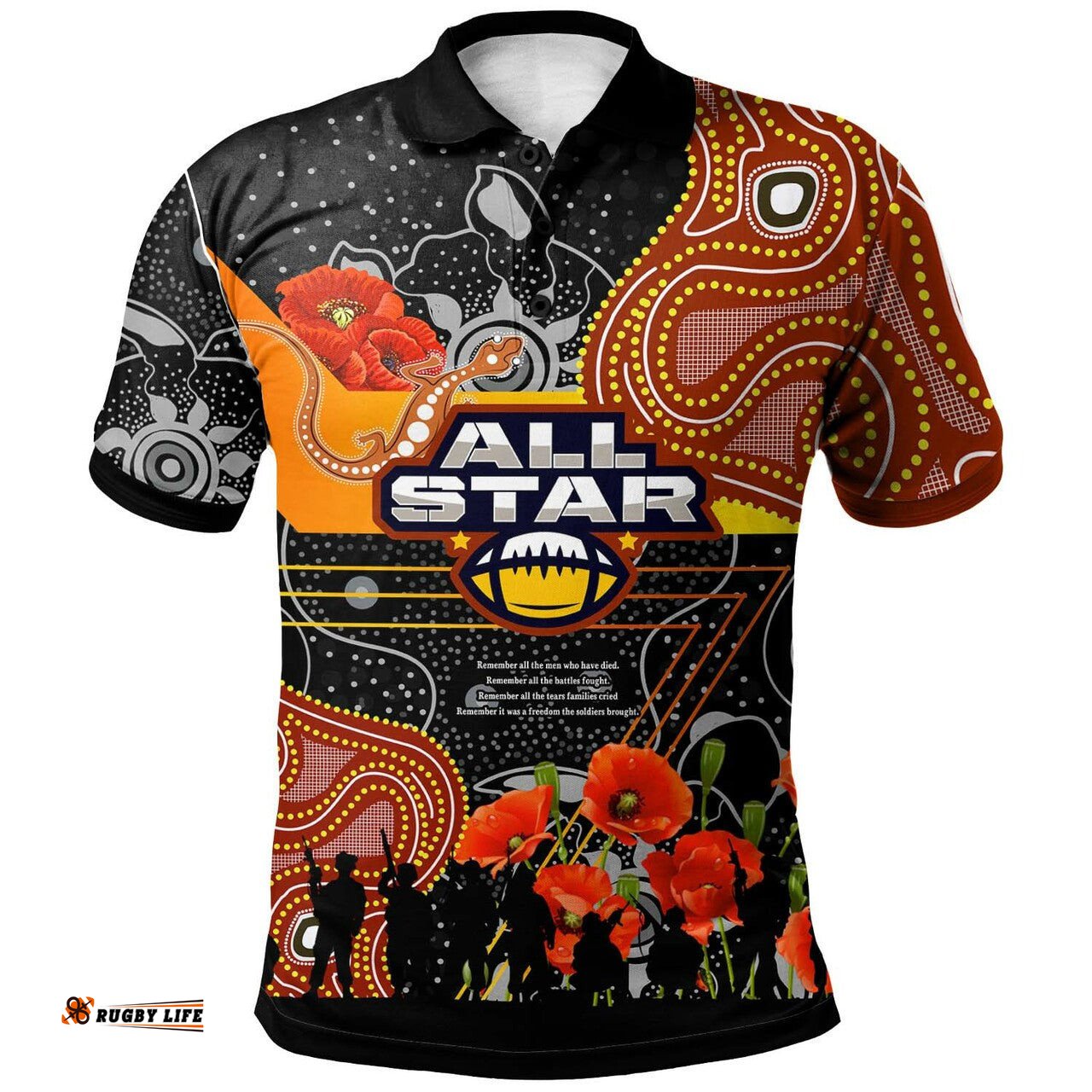 All Stars Rugby Polo Shirt - Anzac Day Quotes All Stars Aboriginal Poppy Indigenous Polo Shirt