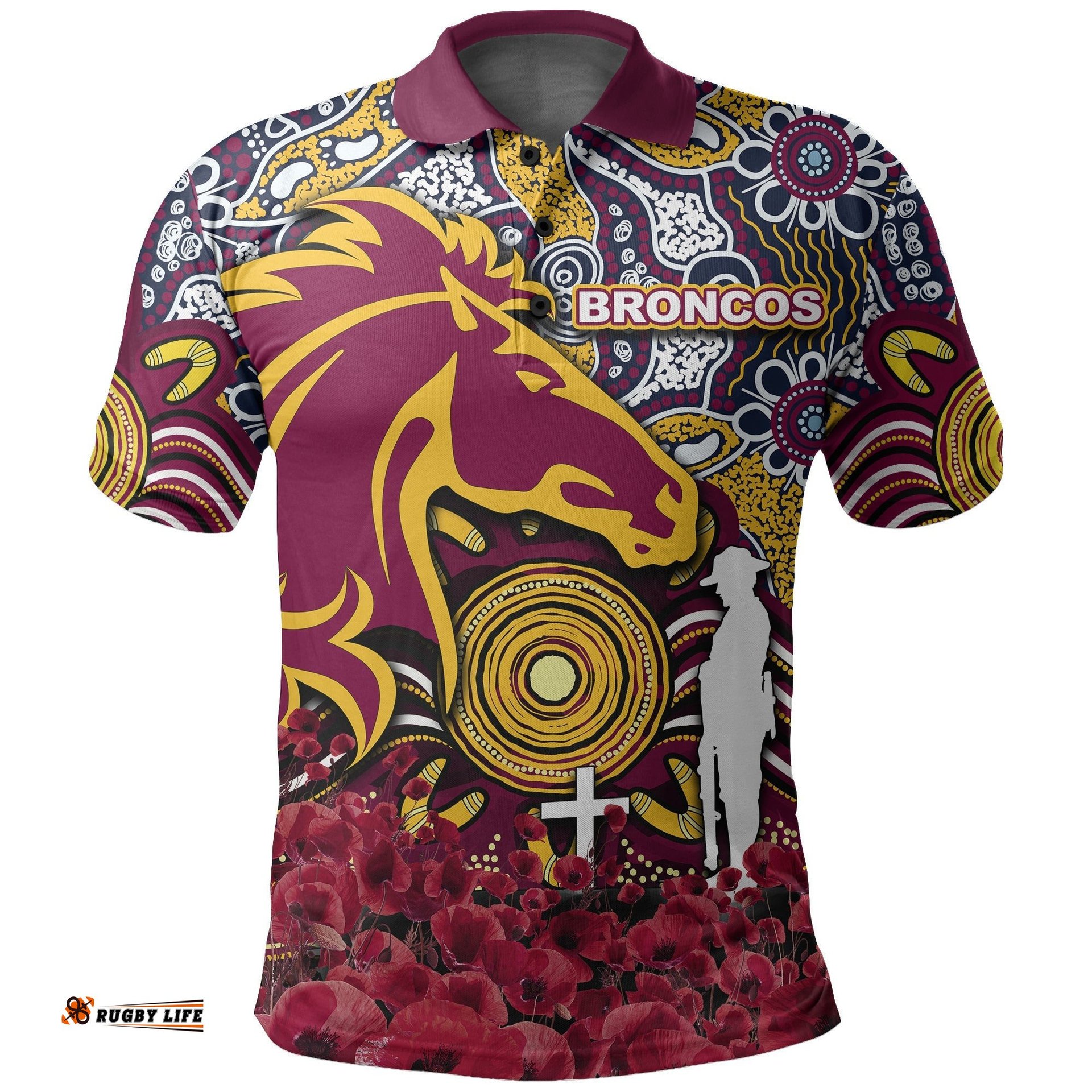 Brisbane Broncos Polo Shirt Anzac Day Poppy Flowers With Aboriginal