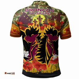 Broncos Rugby Anzac Lest We Forget Polo Shirt - Custom Double Broncos With Camouflage And Poppy Flower
