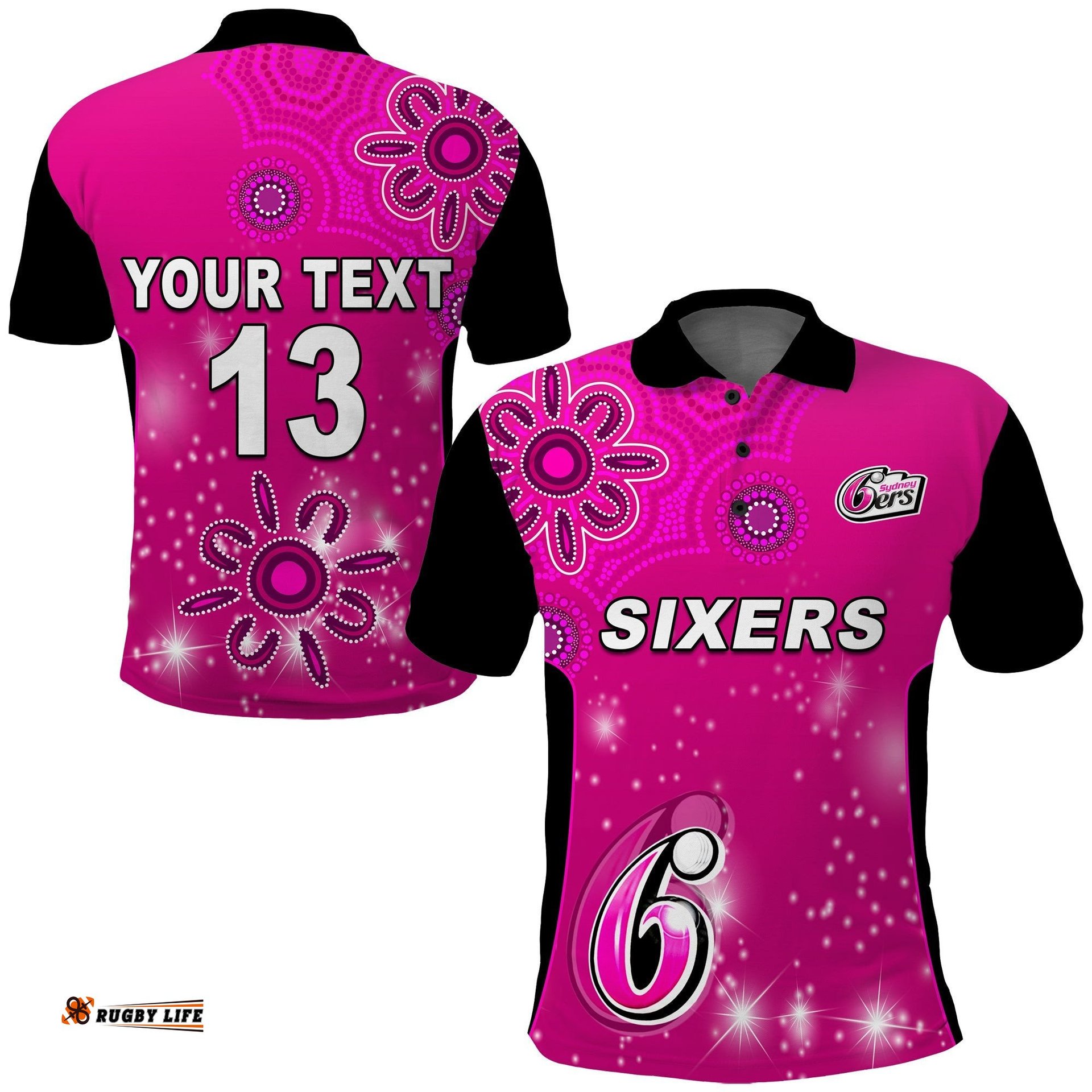 Custom Text and Number Sydney Sixers Polo Shirt Cricket Australia Aboriginal
