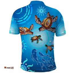 Australian Aboriginal Polo Shirt Happy Turtle Family Version Blue