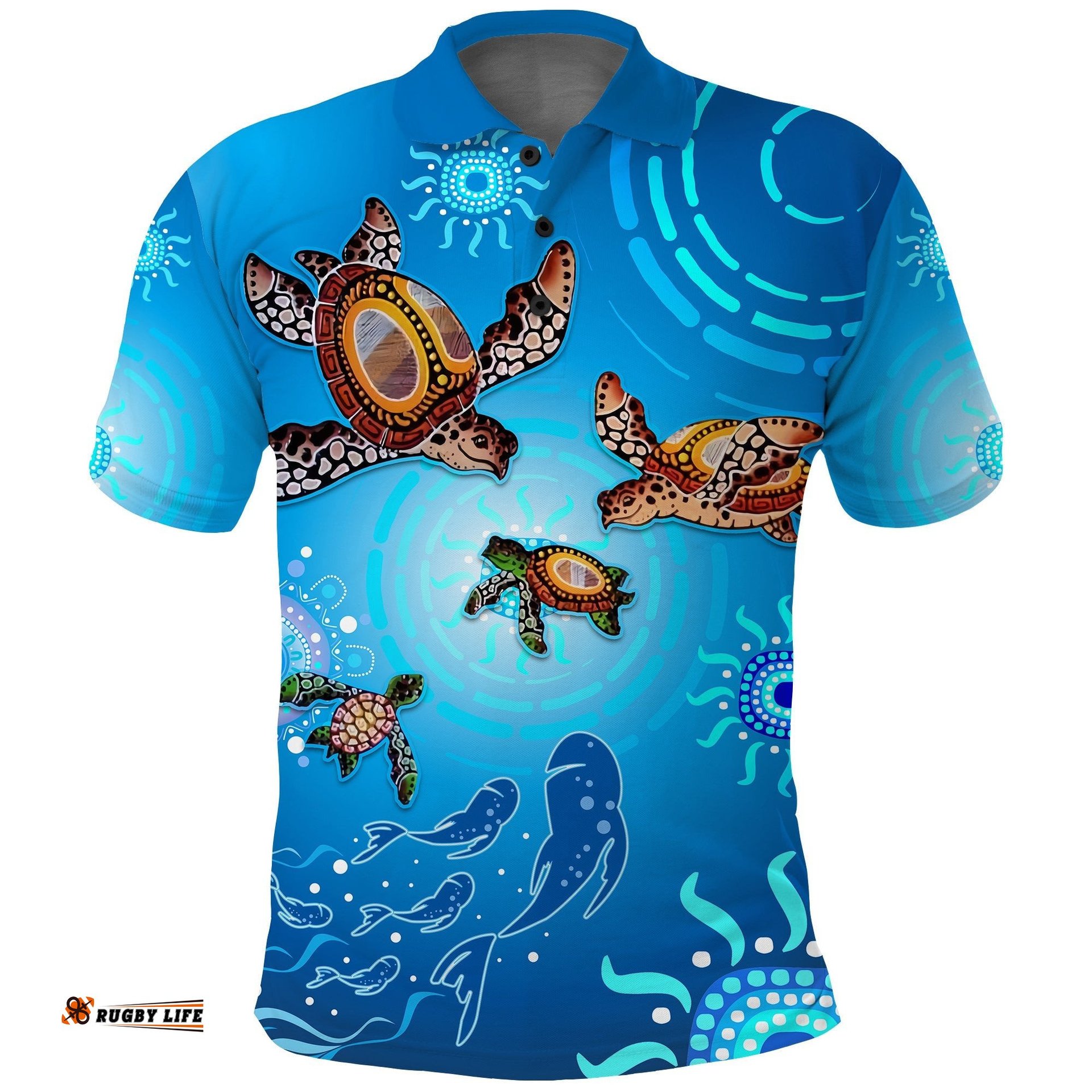 Australian Aboriginal Polo Shirt Happy Turtle Family Version Blue