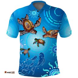 Australian Aboriginal Polo Shirt Happy Turtle Family Version Blue