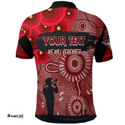 Custom Personalised Essendon Bombers Indigenous Anzac Day Polo Shirt We Will Remember