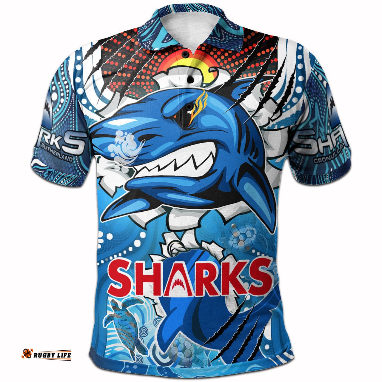 Sharks Aboriginal Custom Rugby Polo Shirt - The Indigenous Sharks Scratch Style RLT13