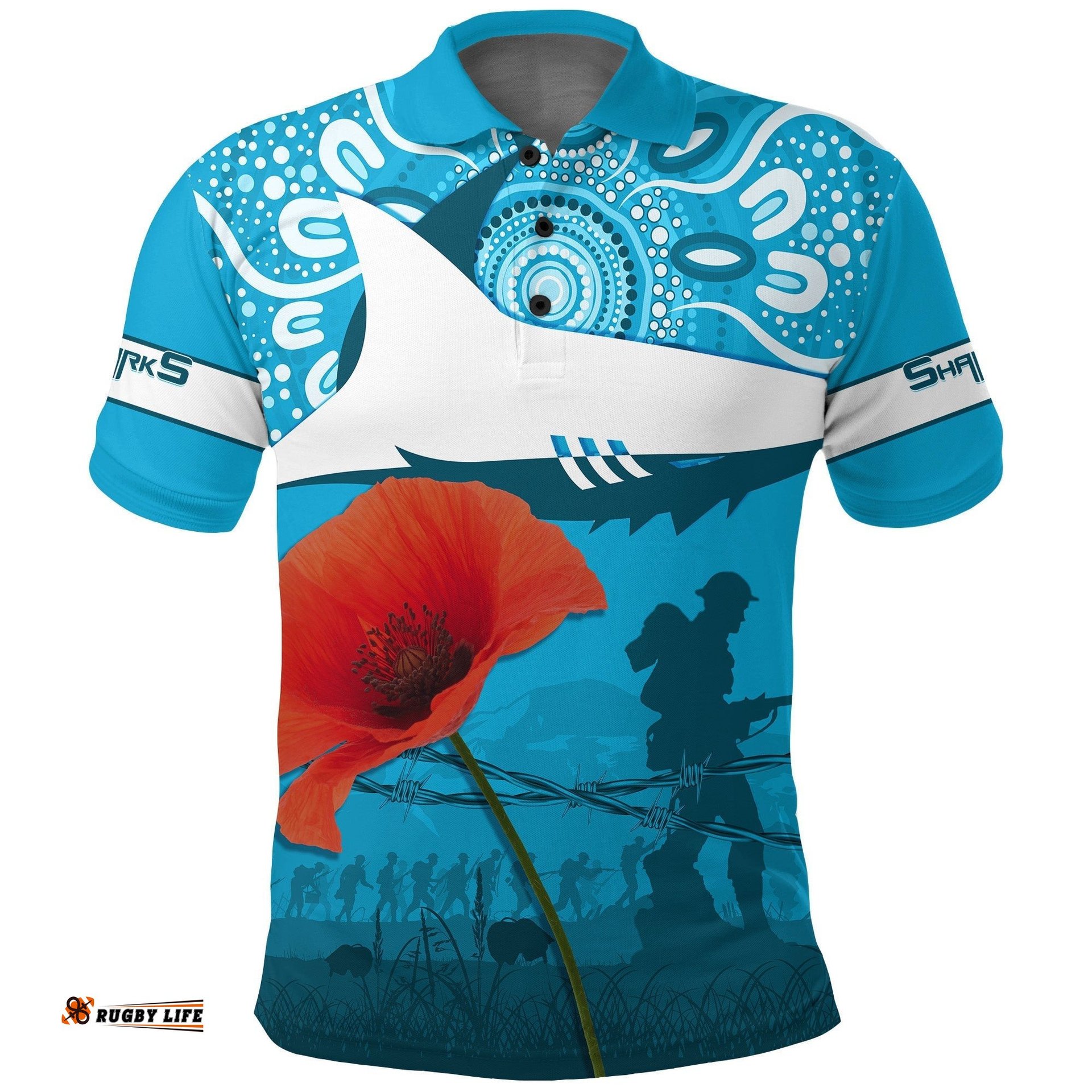 Sharkies Rugby Polo Shirt Anzac Day Barb Wire Style