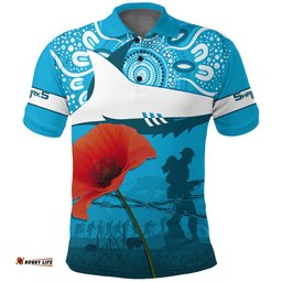 Sharkies Rugby Polo Shirt Anzac Day Barb Wire Style