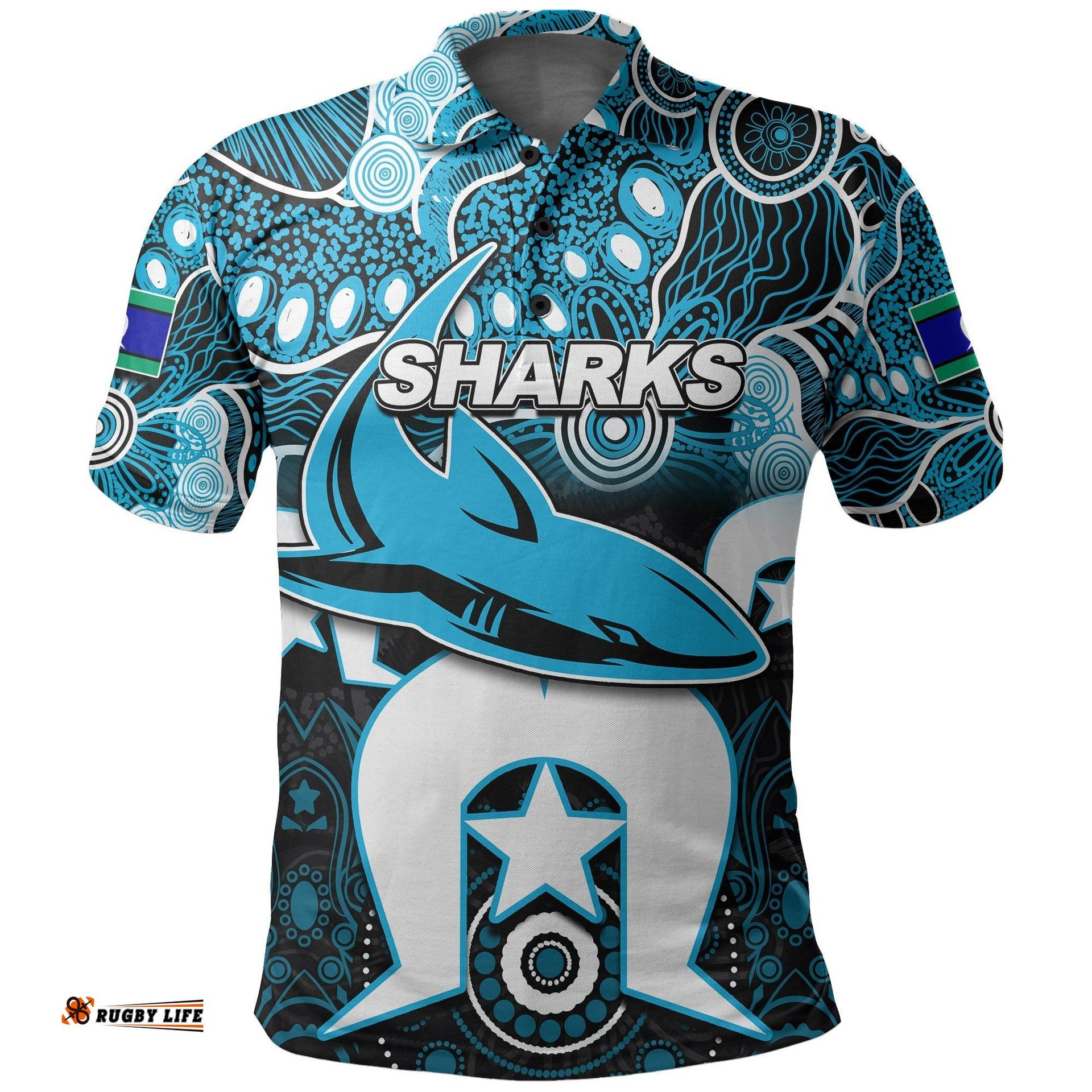 Custom Personalised Sharks Torres Strait Islanders Mix Aboriginal Polo Shirt