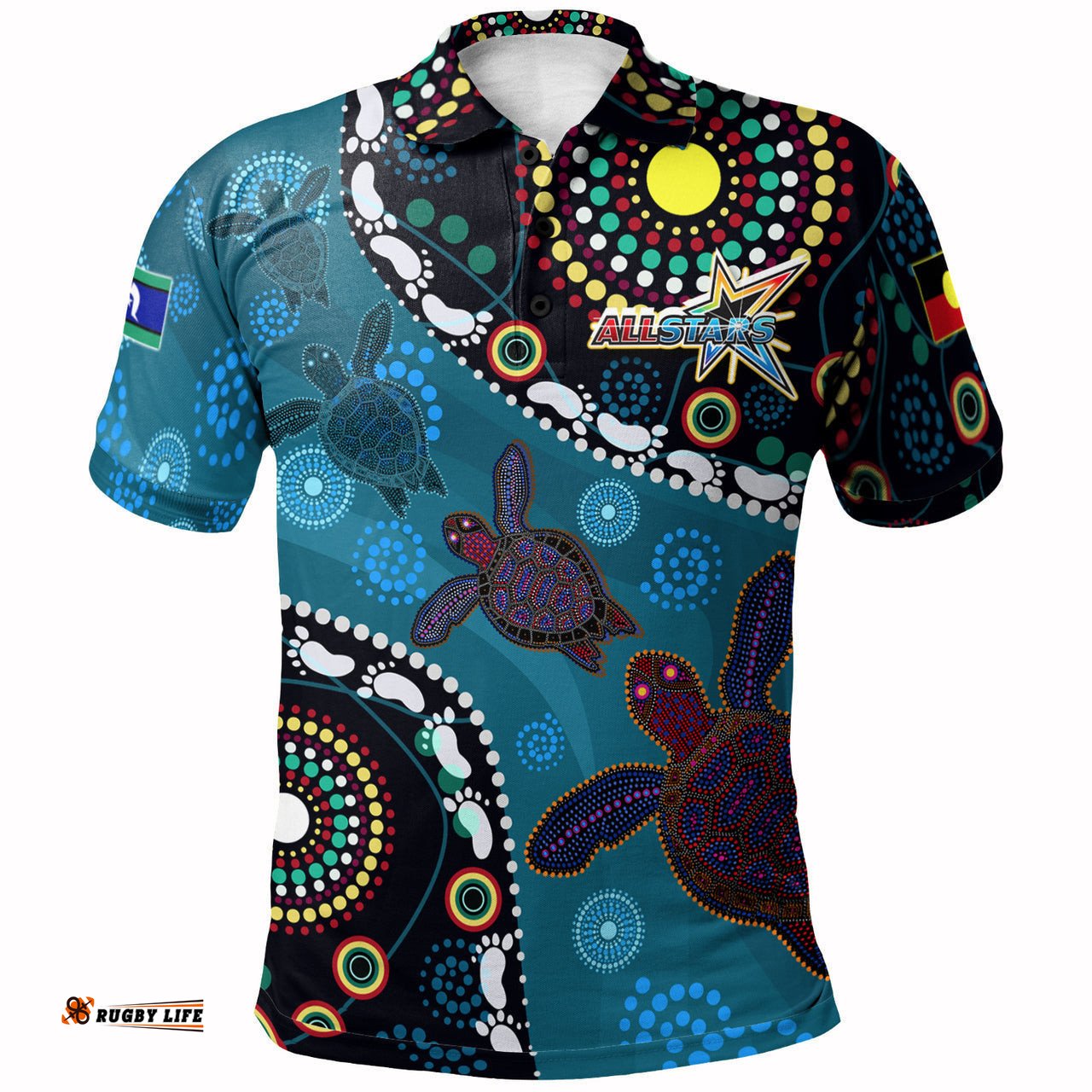 Indigenous All Stars Rugby Custom Polo shirt - Dreamtime Turtle With Aboriginal and Torres Strait Islanders Flag