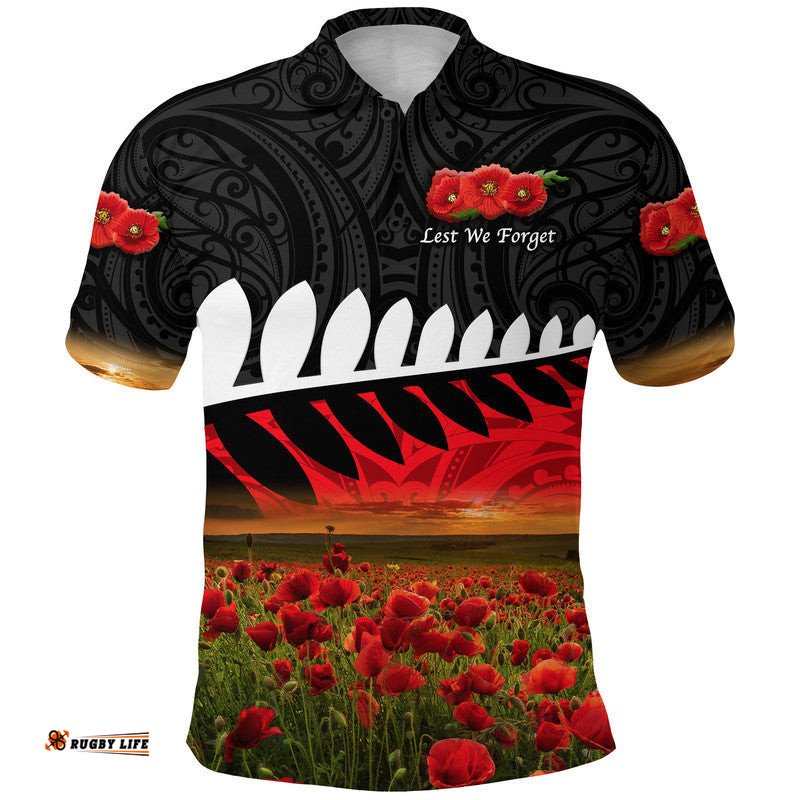 New Zealand Maori ANZAC Polo Shirt Poppy Vibes - Black