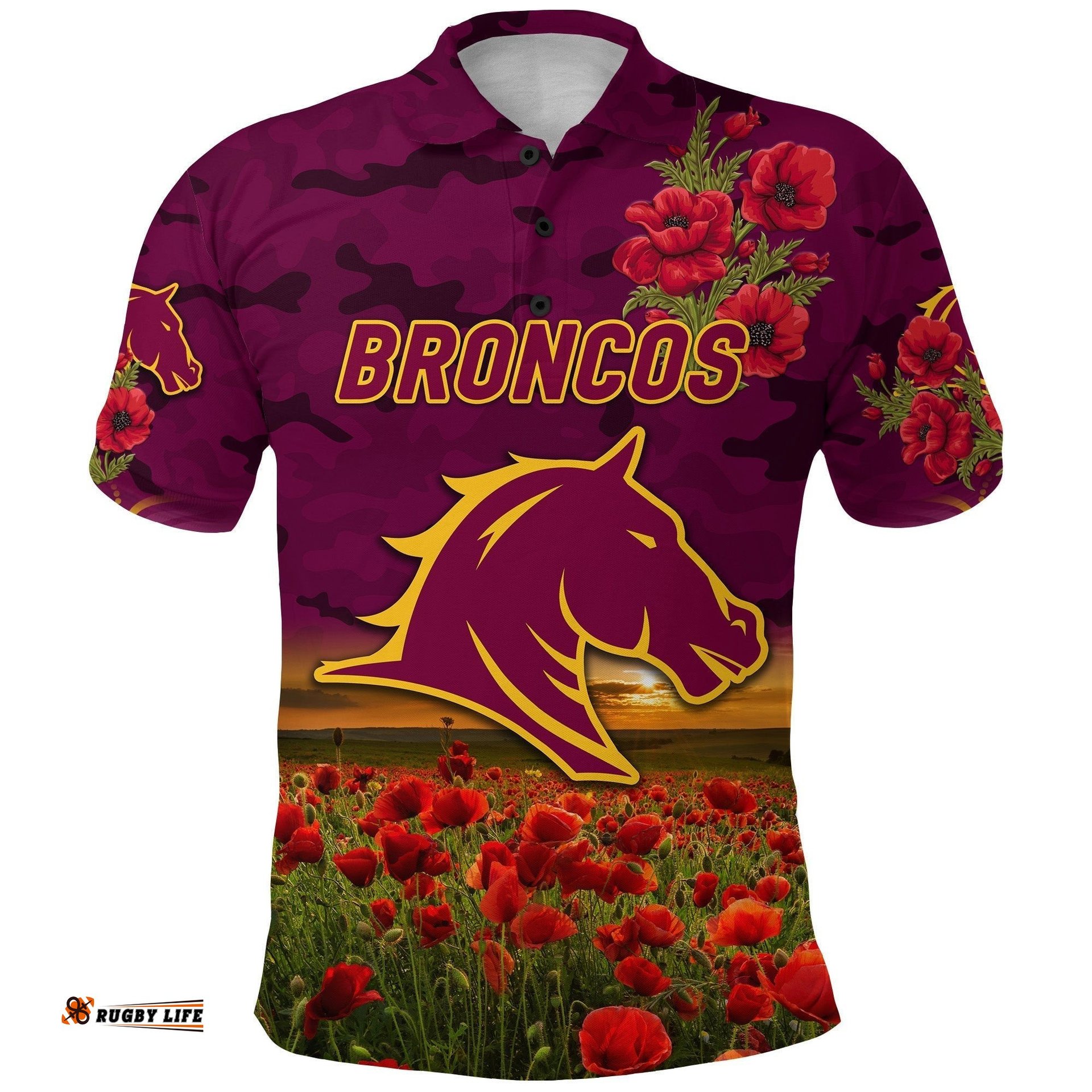 Broncos ANZAC Polo Shirt Poppy Flowers Vibes