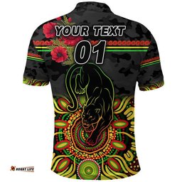 Custom Personalised Panthers ANZAC Polo Shirt Indigenous Vibes - Black
