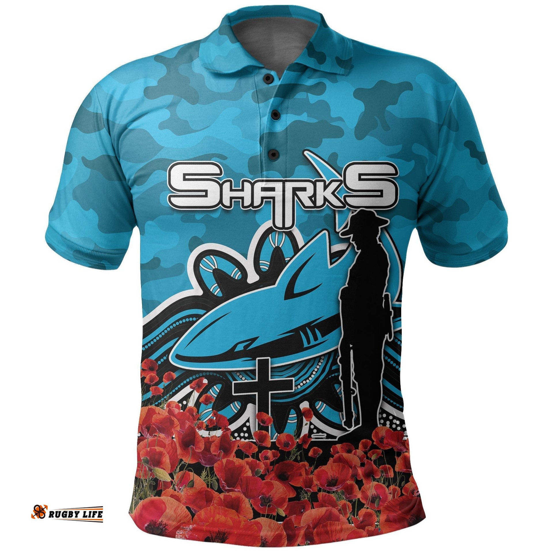 Cronulla-Sutherland Sharks Polo Shirt Anzac Day Poppy Flowers With Army Patterns