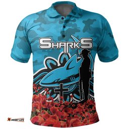 Cronulla-Sutherland Sharks Polo Shirt Anzac Day Poppy Flowers With Army Patterns