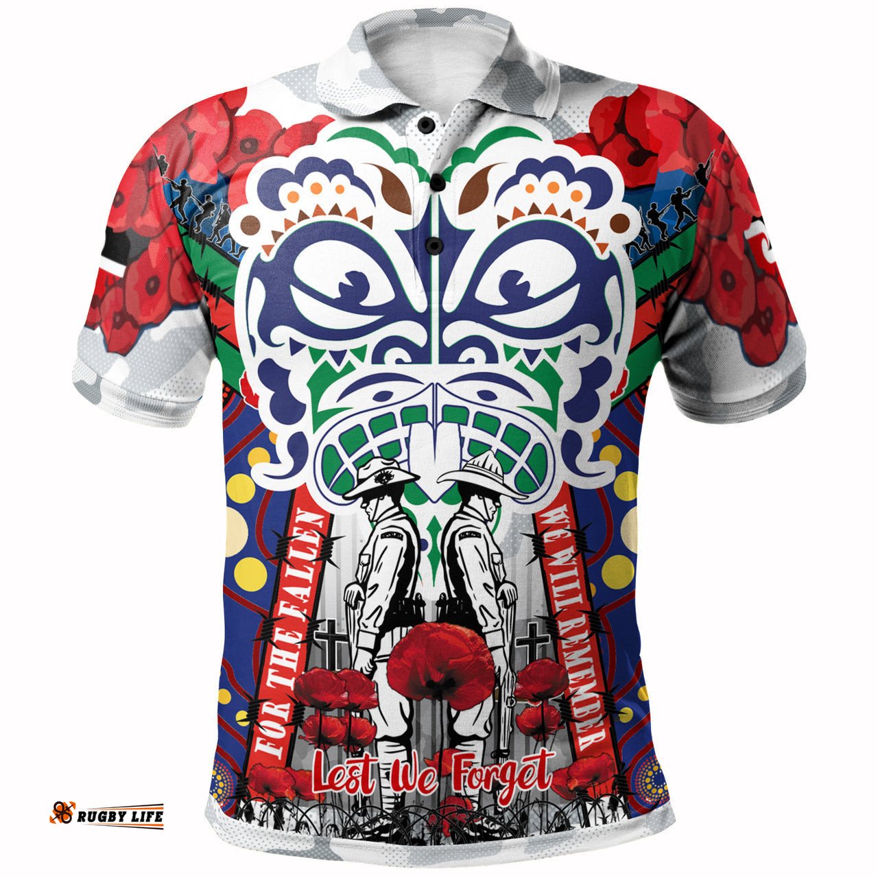 Warriors Rugby Anzac Poppy Watercolor Custom Polo Shirt - Remembrance New Zealand Warriors With Maori Tino Rangatiratanga Flag RLT13
