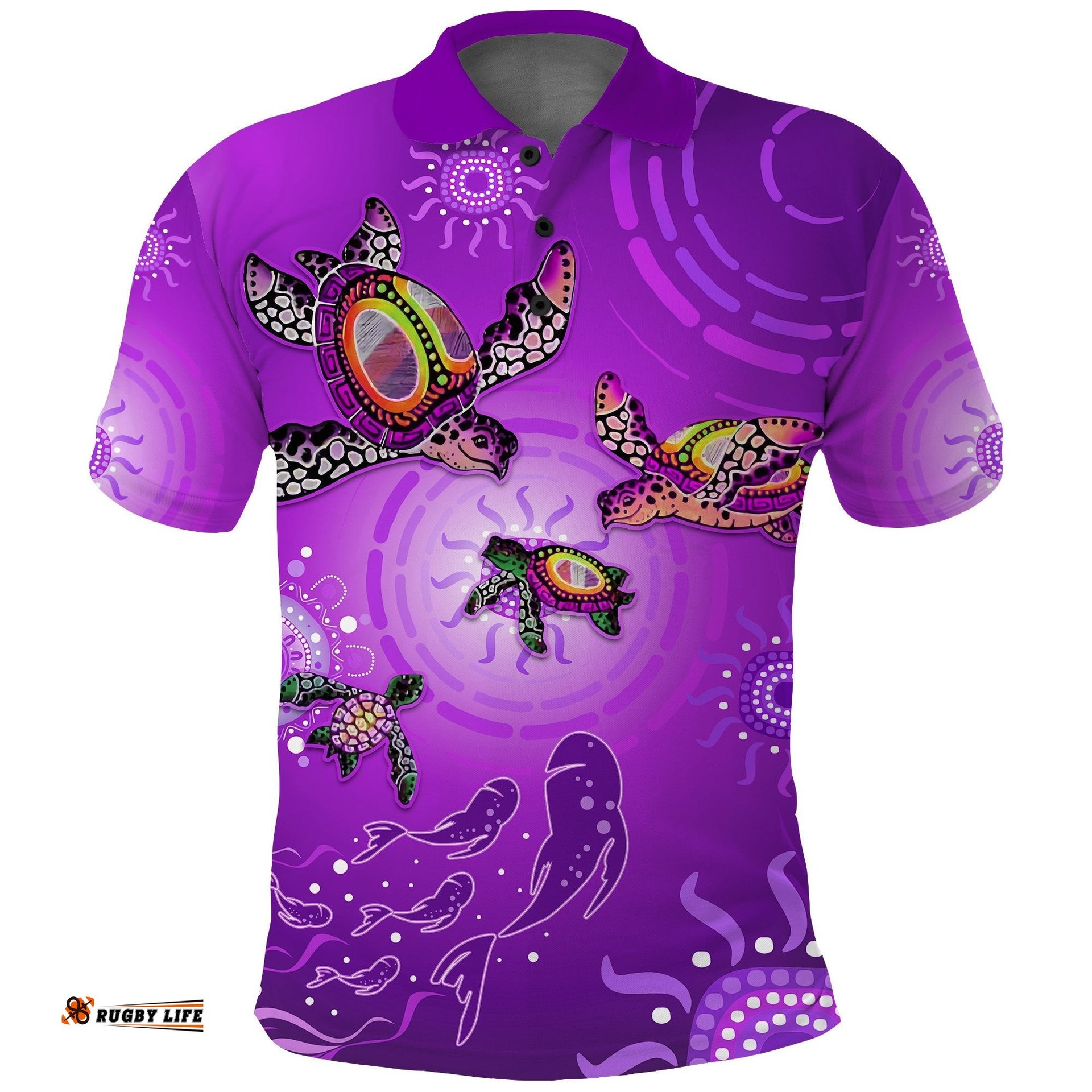 Australian Aboriginal Polo Shirt Happy Turtle Family Version Purple