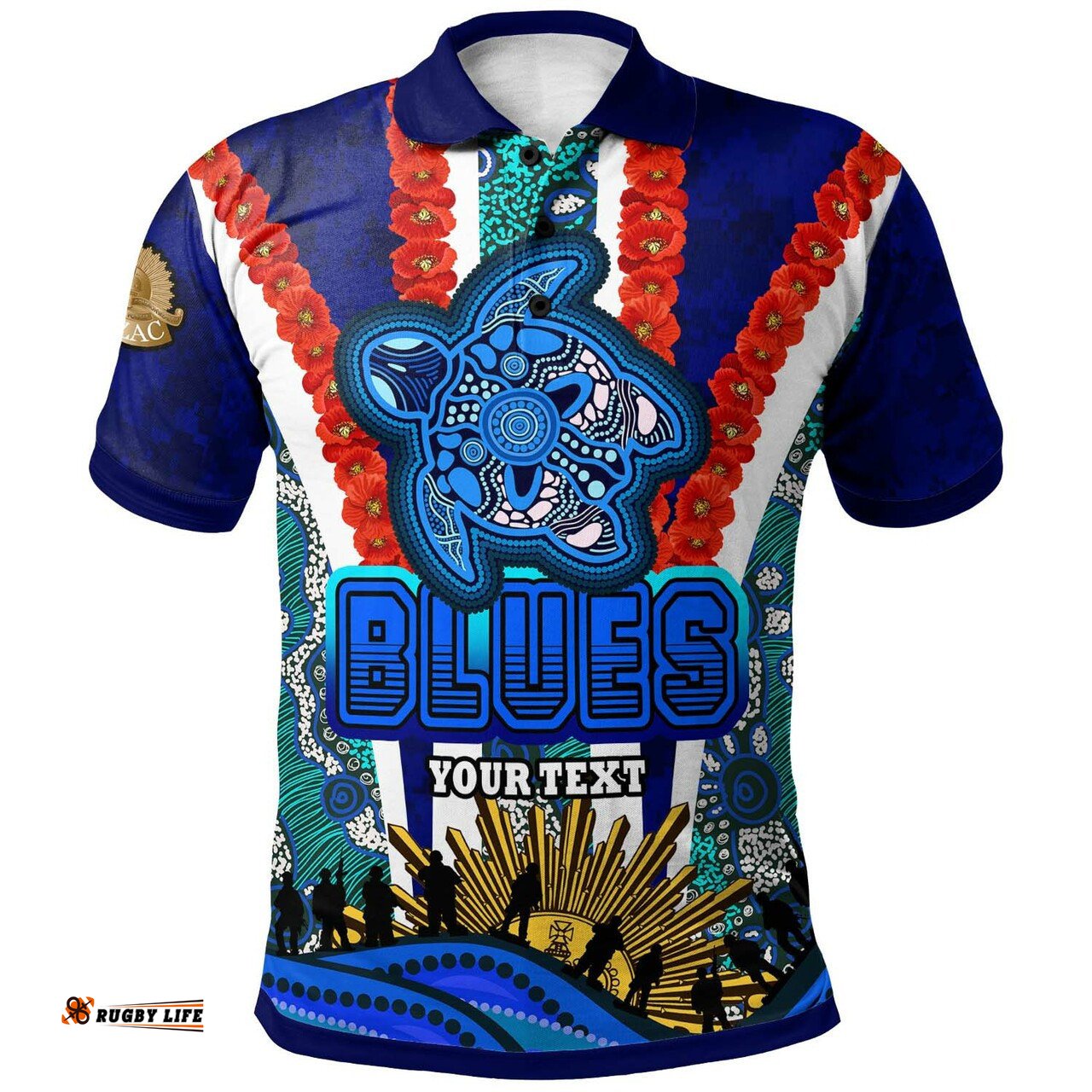 Blues Rugby Polo Shirt - Custom Anzac Aussie Blues and Aboriginal Pattern Polo Shirt