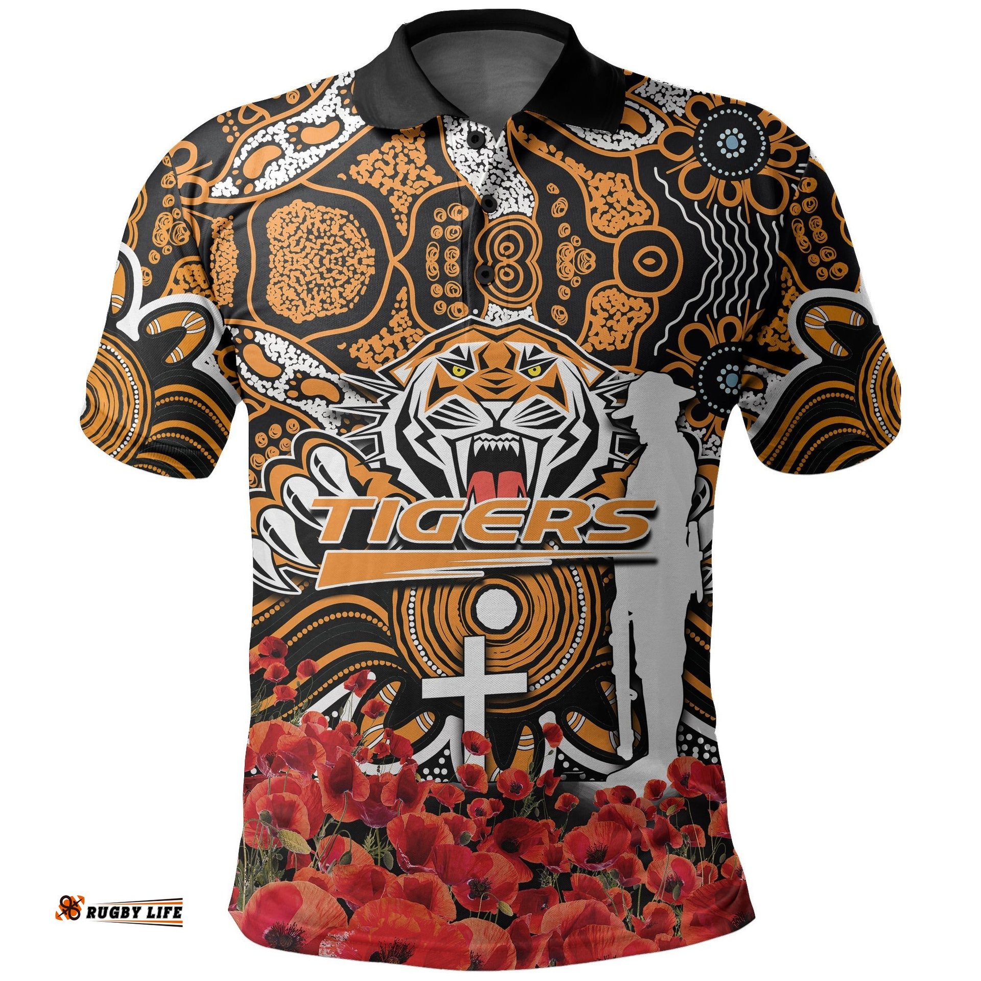 Wests Tigers Polo Shirt Anzac Day Poppy Flowers With Aboriginal