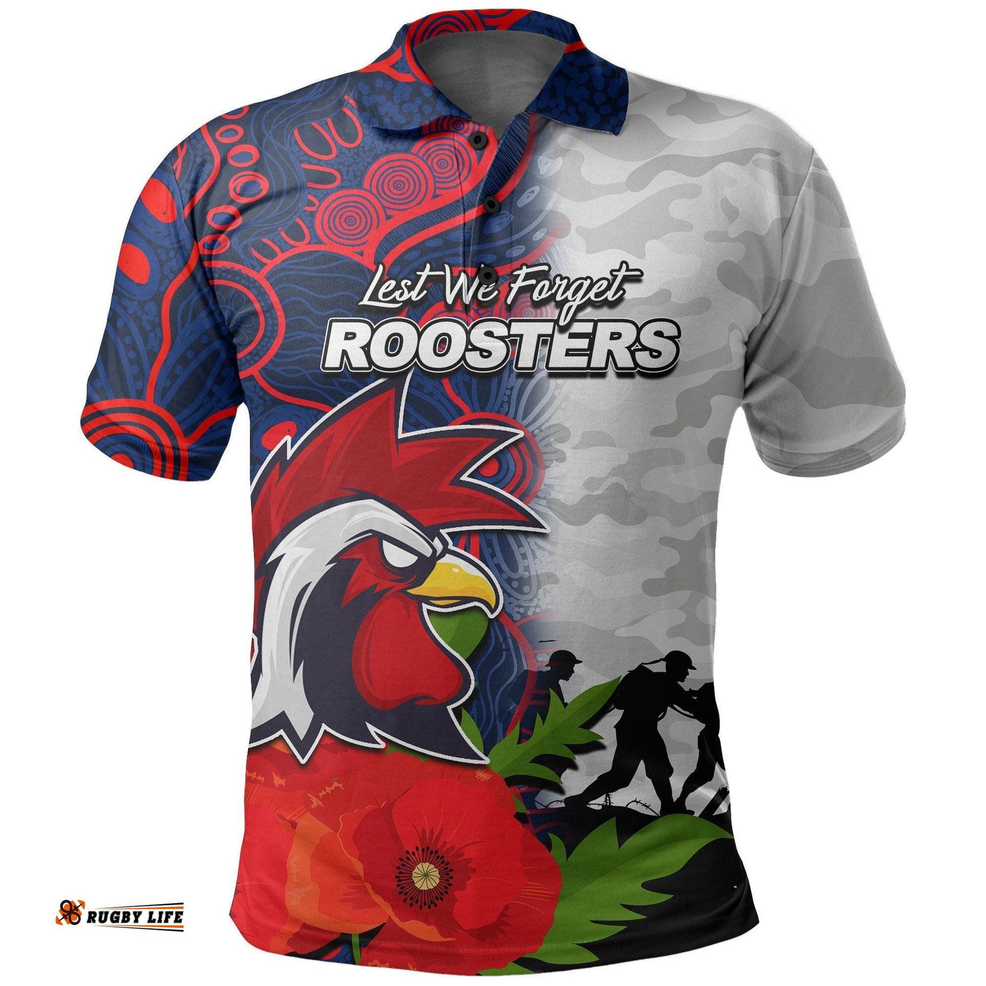 Custom PersonalisedRoosters Anzac Day Aboriginal Mix Army Patterns Polo Shirt